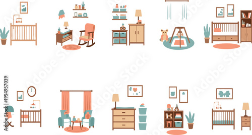 Baby Nursery Interior Scenes Vector Set with Crib Furniture Decor Shelves Rocking Chair and Cozy Room Layouts for Newborn Bedroom Design Illustration.