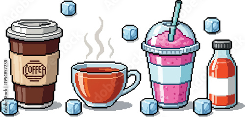Pixel art beverages with steaming coffee, a pink smoothie, and a clear drink bottle, surrounded by ice cubes