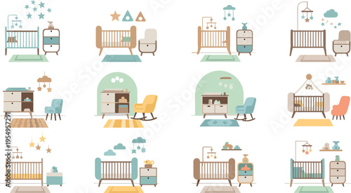Baby Nursery Room Interior Vector Set with Crib Furniture Rocking Chair Decor and Storage Elements for Newborn Bedroom Design and Childcare Illustration.