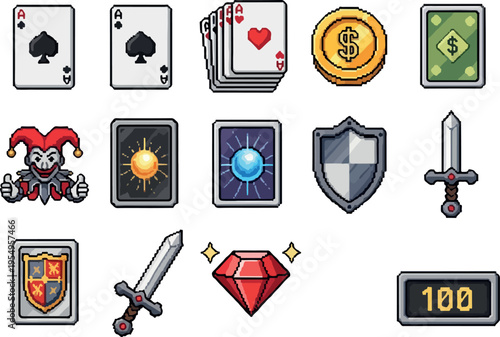 Collection of pixel art game icons featuring playing cards, a jester, a shield, sword, coin, and diamond for digital applications