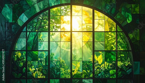 Stained glass window with green and yellow tones illuminating forest