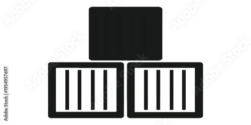 This 3d illustration features a black and white photo camera and frames alongside plastic bottles tagged with a barcode icon symbol for retail business data and shopping technology design