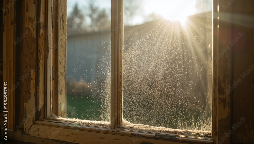 Fototapeta premium Framing weathered wooden window with central mullion in worn room, showing dusty sill and lit dust