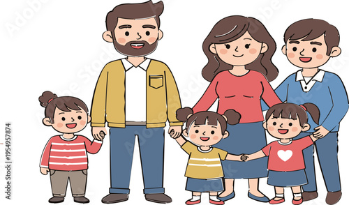 Happy Family Cartoon Characters Collection with Parents and Children Standing Together Smiling for Parenting, Family Life, Childhood Care, and Social Lifestyle Illustration