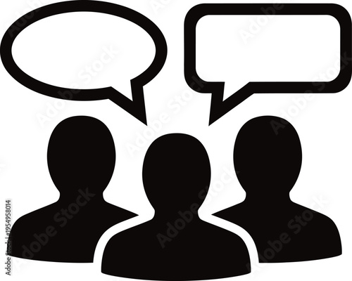 Three people icons with speech bubbles for communication and discussion