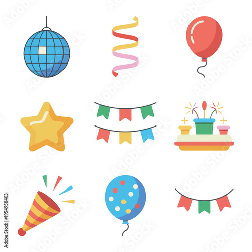 Party celebration icons set, disco ball, balloons, confetti streamers, star badge, bunting garland, festive cake, colorful event, vector illustration