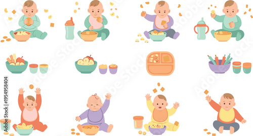 Cute Baby Eating Food Vector Set with Toddlers Having Snacks Meals Bowls and Messy Feeding Scenes for Nutrition Illustration and Childcare Design.