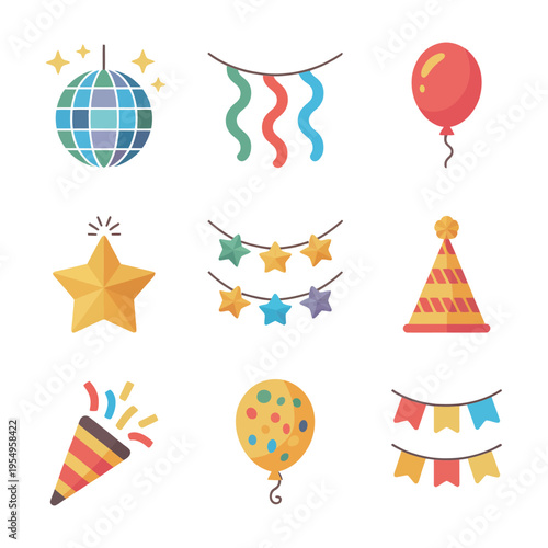New year festival icons set, disco ball, fireworks sparkle, streamers, party popper, bunting flags, cone hat, confetti star, vector illustration