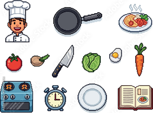 Pixel art collection of kitchen and food items, featuring a chef, cooking utensils, vegetables, and a recipe book for a culinary theme