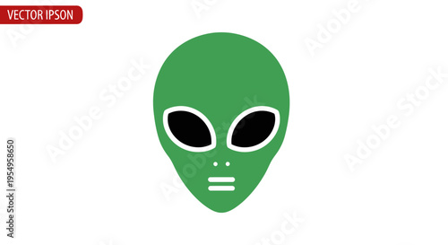 A green alien head with black eyes and white details on a plain white background