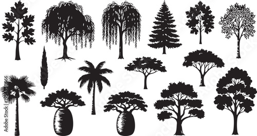 A set of tropical palm tree silhouettes featuring black leaf and branch patterns in a vector illustration collection for summer nature designs
