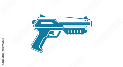 A blue and white illustration of a futuristic handgun on a plain white background