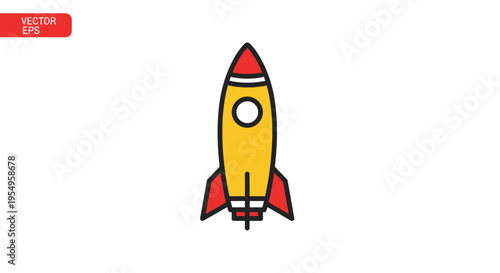A cartoon-style yellow rocket ship with red fins and nose soaring upwards against a clean white background