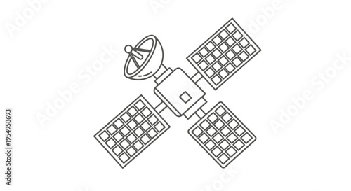 Line drawing of a satellite with solar panels and antenna in space against a white background