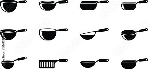 A collection of black silhouette icons showcasing various kitchen measuring scoops and utensils on white