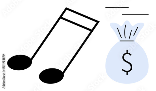 Music industry, earnings, royalties, creative work, financial success, intellectual property. A musical note and a money bag with a dollar sign. Music industry and earnings concept
