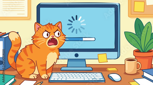 Patience Wears Thin Grumpy Orange Cat Expresses Frustration with a Stuck Computer Loading Bar in a Busy Office Setting