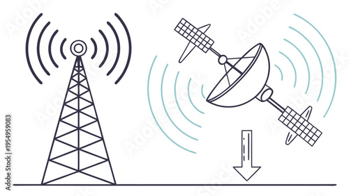 Minimal Radio Signal Transmission Vector Illustration with Antenna, Wireless Waves and Communication Network Concept