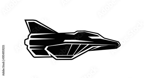 A sleek black and white illustration of a futuristic fighter jet soaring through the air with sharp lines and geometric shapes