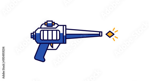 A blue and white cartoon-style toy blaster shoots a yellow diamond-shaped energy beam against a clean white background