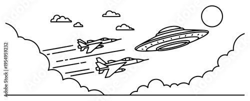 Vector line art drawing of military aircraft approaching a mysterious UFO in a cloudy sky