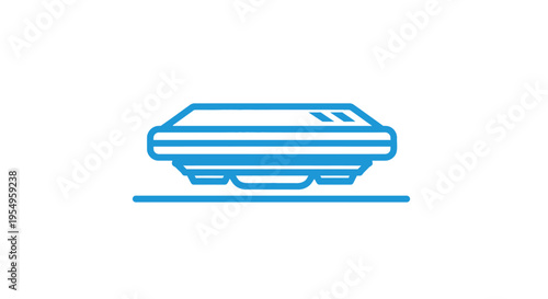 A blue line drawing of a futuristic hovercraft hovers above a flat surface with a minimalist design on a white background