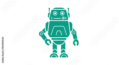 A green robot icon stands against a clean white background with a minimalist design and futuristic feel