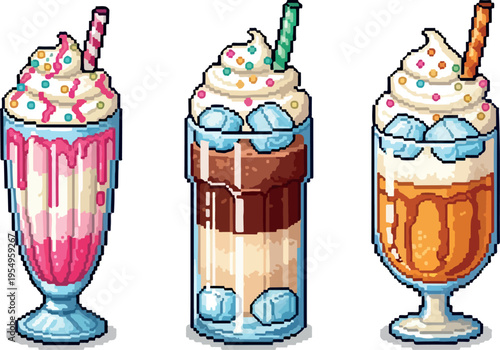 Pixel art trio of colorful milkshake drinks with whipped cream and sprinkles, served in glasses with straws and ice cubes