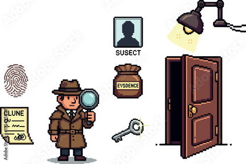 Pixel art detective and crime scene investigation elements including a suspect, evidence, fingerprint, and a clue on a plain white background