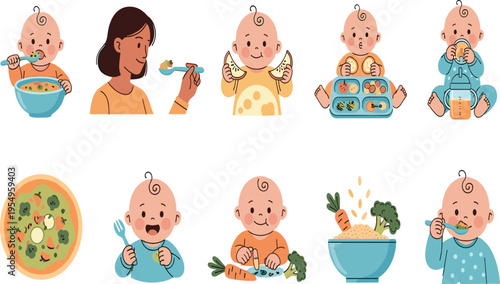 Cute Baby Eating Healthy Food Vector Set with Fruits Vegetables Meals Lunchbox and Feeding Scenes for Infant Nutrition Illustration and Childcare Design.