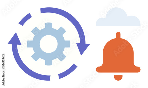Workflow automation, notifications, cloud computing, system optimization, task management, data synchronization. Gear surrounded by arrows, cloud and bell. Automation and notifications