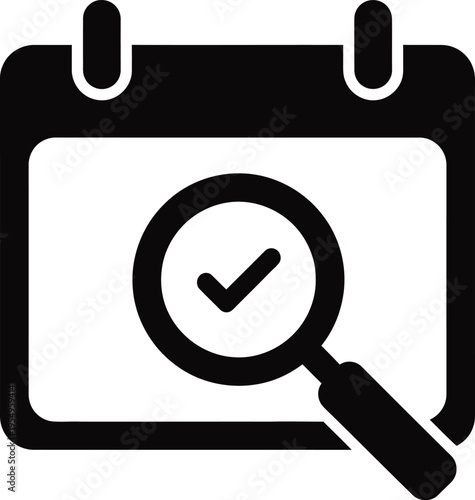 A calendar icon with a magnifying glass and checkmark