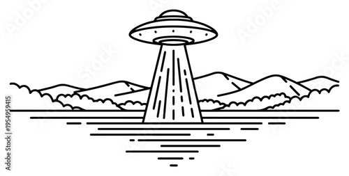 Flying saucer beaming light onto water surface with mountain landscape background