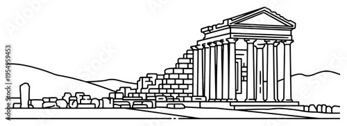 Ancient greek or roman temple ruins architectural line art illustration