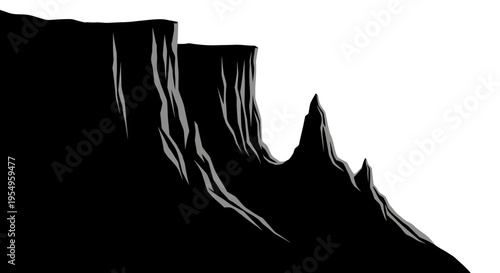 A stark dramatic mountain range is presented in a bold black and white design creating a striking silhouette high quality professional