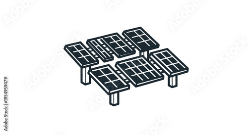 Line drawing of six solar panels arranged in two rows on metal stands against a white background