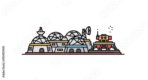 A colorful illustration of a futuristic cityscape with domed buildings and a satellite dish on a white background