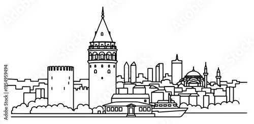 Vector line art panorama of Istanbul city skyline with Galata Tower and mosque