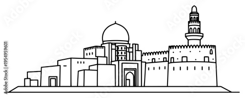 Minimalist line art illustration of an ancient Middle Eastern city with a mosque and fortress walls