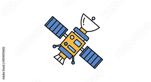A colorful cartoon illustration of a satellite with solar panels and antenna in a minimalist style on a white background