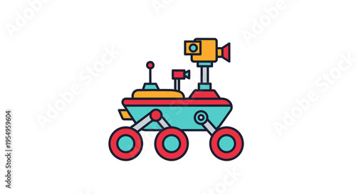 A colorful cartoon robot with a camera on top and large wheels is depicted against a clean white background