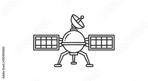 Line drawing of a satellite with solar panels and antenna in a minimalist black and white style