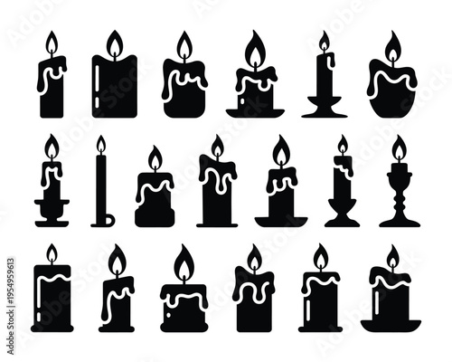 Gothic candle silhouettes set, black wax pillars and tapers, halloween party poster, candle magic workshop session graphics, witchy vector