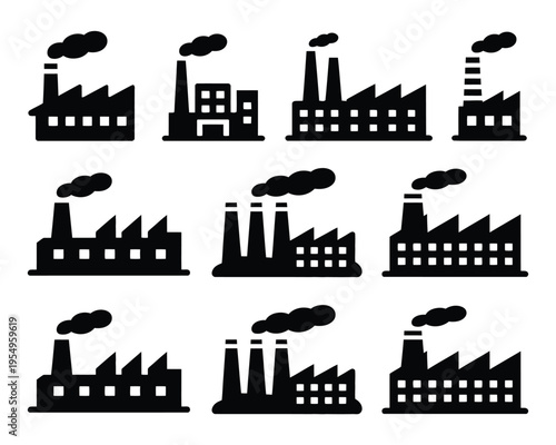 Factory silhouette set, multiple plant variations with smokestacks, industrial expo poster, supply chain tour session, operations management graphics vector