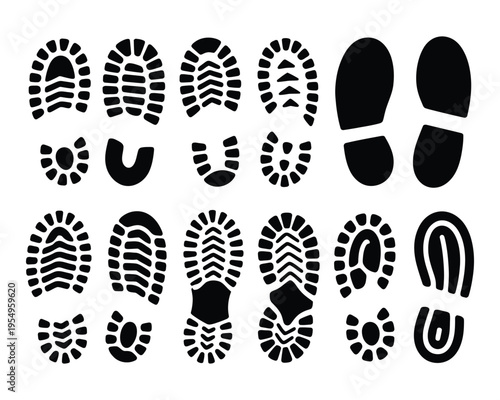 Footprint pattern collection, mixed boot soles and footprints, camping event signage, nature walk session branding, shoe store promotion vector