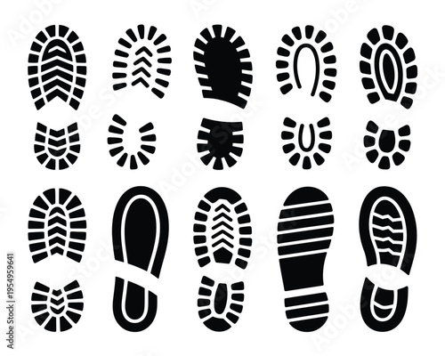 Boot impression icons, heavy tread footprints, outdoor survival course poster, search and rescue training session graphics, wilderness adventure vector