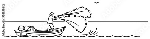 Traditional fisherman casting a net from a small boat in minimalist line art style