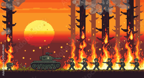 Pixel art depicts a fiery battlefield scene with soldiers a tank and trees against a sunset a dramatic silhouette