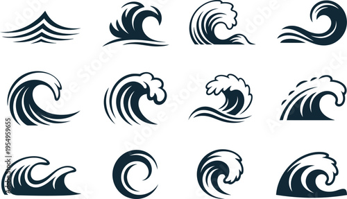 A collection of dark blue wave icons showing different water movements and forms for marine projects