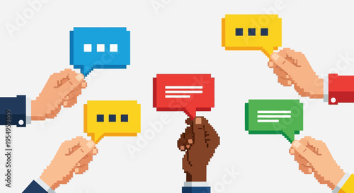 Diverse hands hold colorful pixelated speech bubbles representing communication and inclusivity a striking silhouette high quality professional detailed modern elegant stylish